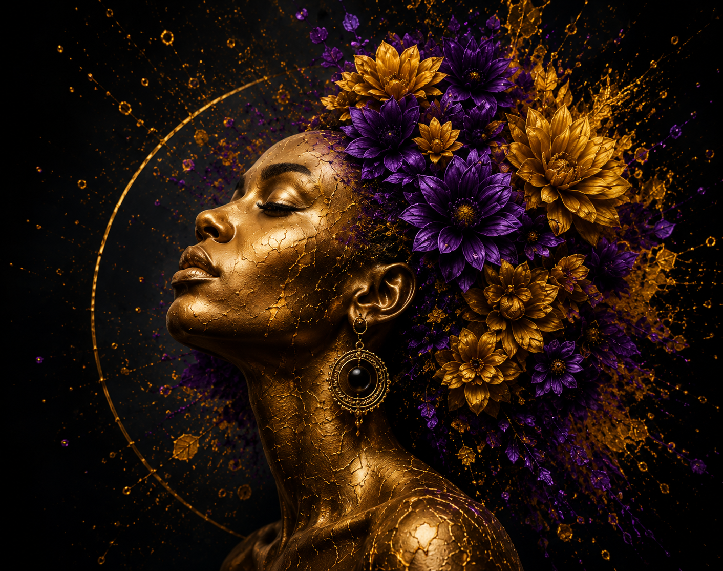 Golden portrait crowned with purple and gold flowers representing the OXHOLLY creative house